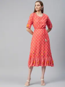 Rangriti Coral Ethnic A-Line Midi Dress