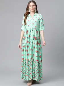 Rangriti Women Green Floral Ethnic A-Line Maxi Dress