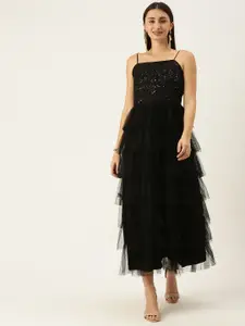 Antheaa Black Embellished Tiered Net Maxi Dress