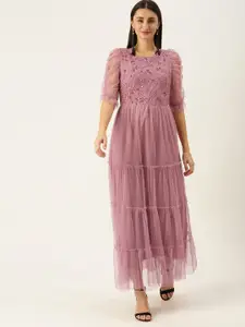 Antheaa Pink Embellished Net Maxi Dress
