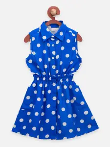 LilPicks Girls Blue Polka Dots Printed Waist Cut Out Shirt Dress