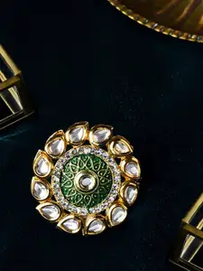 Zaveri Pearls Gold-Plated & Green & White Kundan Stone Studded Meenakari Adjustable Finger Ring