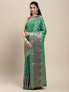 SANGAM PRINTS Green Ethnic Motifs Striped Woven Pure Silk Saree