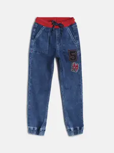 TALES & STORIES Boys Dark Blue Lycra Embroidered Joggers