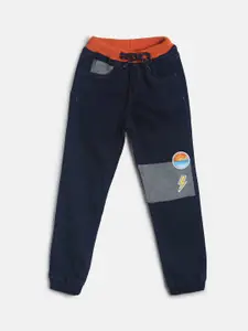 TALES & STORIES Boys Blue & Grey Cotton Printed Slim-Fit Joggers