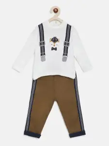 Chicco Boys Brown & Off White Applique Pure Cotton T-shirt With Trousers