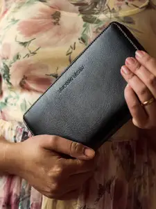 BROWN BEAR Women Black Solid Leather Zip Around Wallet