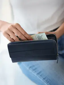BROWN BEAR Women Navy Blue Solid Leather Zip Around Wallet