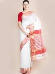 Indethnic White & Red Zari Silk Cotton Maheshwari Saree