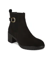 Bruno Manetti Black Suede Block Heeled Boots with Buckles