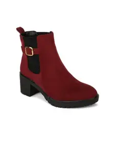 Bruno Manetti Maroon Suede Block Heeled Boots with Buckles