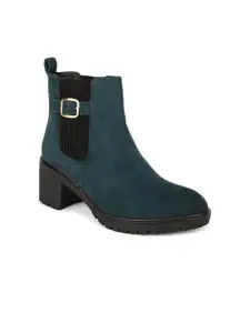 Bruno Manetti Women Green Suede Block Heeled Boots with Buckles