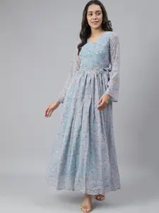 SCORPIUS Blue & Pink Floral Georgette Maxi Dress