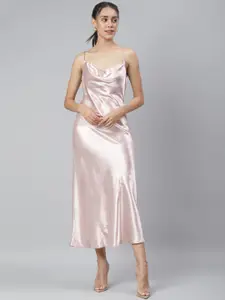 SCORPIUS Pink Cowl Neck Satin Sheath Midi Dress