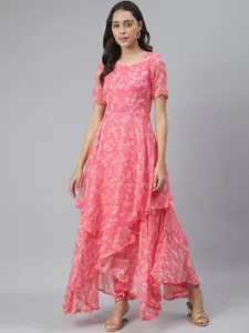 SCORPIUS Pink Floral Georgette Maxi Dress