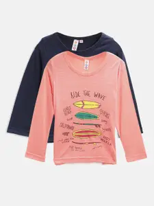 Kids On Board Girls Navy Blue & Peach-Coloured 2 Printed T-shirt