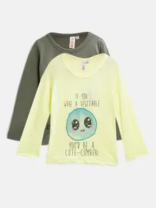 Kids On Board Pack Of 2 Girls Olive Green & Yellow Cotton Printed V-Neck T-shirt