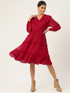 Antheaa Women Red Ruffled & Tiered A-Line Dress
