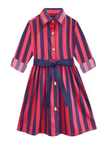 A.T.U.N. A T U N Girls Red & Navy Blue Striped Shirt Dress