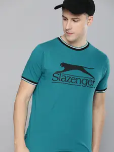Slazenger Men Teal Blue Brand Logo Printed Pure Cotton Bio-Wash T-shirt