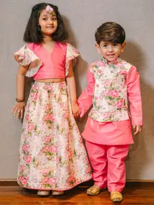 VASTRAMAY Girls Pink & White Printed Ready to Wear Lehenga Choli Set