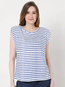 Vero Moda Women Blue & White Striped Round Neck T-shirt