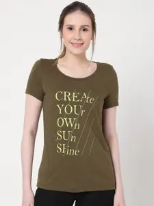 Vero Moda Women Olive Green Typography Printed T-shirt