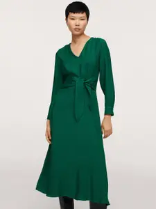 MANGO Women Green Solid Belted A-Line Midi Dress