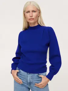 MANGO Women Blue Solid Turtle Neck Pullover
