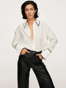 MANGO Women White Pointed Collar Solid Casual Shirt