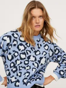 MANGO Women Blue & White Self Design Pullover
