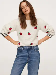 MANGO Women White & Maroon Conversational Self Design Pullover