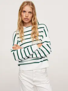 MANGO Women White & Green Striped Pullover