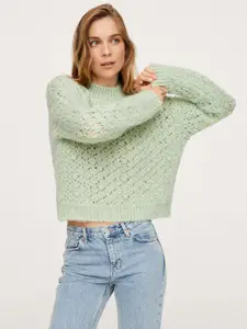MANGO Women Green Self Design Open Knit Pullover Sweater
