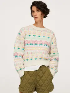 MANGO Women Off White & Pink Fair Isle Pullover