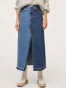 MANGO Women Blue Washed Denim Pure Cotton Straight Midi Skirt