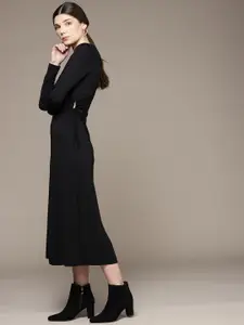 MANGO Black Solid Cut-Out Detail A-Line Midi Dress