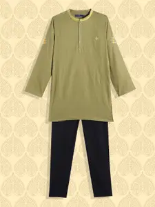 House of Pataudi Boys Olive Green Striped Pure Cotton Kurta with Trousers