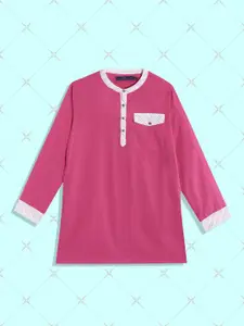 House of Pataudi Boys Pink & White Pure Cotton Rozana Band Collar Kurta