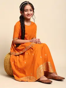 House of Pataudi Girls Orange Printed Jashn Ready to Wear Lehenga Choli