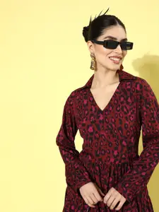 plusS Women Maroon Animal Print A-Line Knee Length Dress