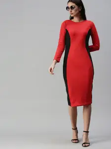 Selvia Red & Black Colourblocked Scuba Bodycon Midi Dress