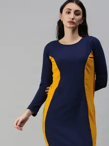 Selvia Navy Blue & Mustard Yellow Colourblocked Scuba Bodycon Midi Dress
