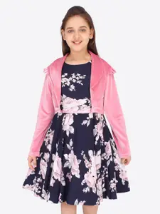 CUTECUMBER Navy Blue & Pink Floral Dress with Open Front Shrug