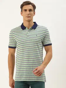 AM SWAN Men White & Blue Striped Polo Collar T-shirt