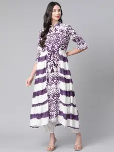 Indibelle Women Purple & White Ethnic Motifs Print & Dyed Layered A-Line Kurta