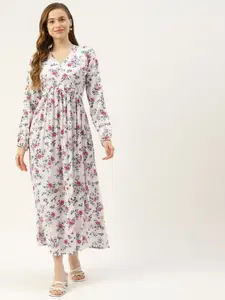 BRINNS White & Pink Floral Print Puff Sleeves Maxi Dress