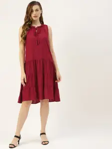 BRINNS Maroon Solid Layered Fit & Flare Dress
