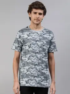 The Souled Store Men Grey & Blue Camouflage Printed Casual T-shirt