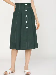 Tokyo Talkies Women Green Solid Casual-Fit Pleated Midi Skirt